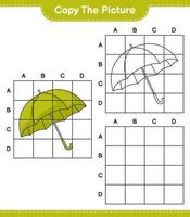 Kopieren Sie das Bild, kopieren Sie das Bild des Regenschirms mit Gitterlinien. pädagogisches kinderspiel, druckbares arbeitsblatt, vektorillustration vektor