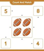 Zählen und passen, zählen Sie die Anzahl der Rugbybälle und passen Sie sie mit den richtigen Zahlen an. pädagogisches kinderspiel, druckbares arbeitsblatt, vektorillustration vektor