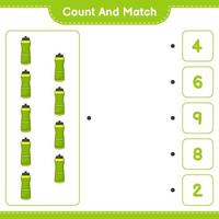 Zähle und kombiniere, zähle die Anzahl der Sportwasserflaschen und vergleiche sie mit den richtigen Zahlen. pädagogisches kinderspiel, druckbares arbeitsblatt, vektorillustration vektor