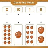 räkna och matcha, räkna antalet baseballhandskar och matcha med rätt siffror. pedagogiskt barnspel, utskrivbart kalkylblad, vektorillustration vektor