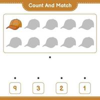 räkna och matcha, räkna antalet mössa och matcha med rätt siffror. pedagogiskt barnspel, utskrivbart kalkylblad, vektorillustration vektor