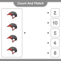 Zähle und kombiniere, zähle die Anzahl der Fahrradhelme und vergleiche sie mit den richtigen Zahlen. pädagogisches kinderspiel, druckbares arbeitsblatt, vektorillustration vektor