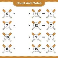 räkna och matcha, räkna antalet basebollträ och matcha med rätt siffror. pedagogiskt barnspel, utskrivbart kalkylblad, vektorillustration vektor