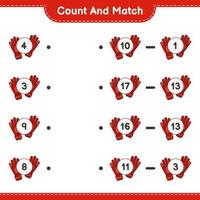 räkna och matcha, räkna antalet målvaktshandskar och matcha med rätt siffror. pedagogiskt barnspel, utskrivbart kalkylblad, vektorillustration vektor