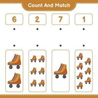 Zähle und kombiniere, zähle die Anzahl der Rollschuhe und vergleiche sie mit den richtigen Zahlen. pädagogisches kinderspiel, druckbares arbeitsblatt, vektorillustration vektor