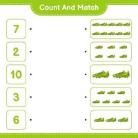 räkna och matcha, räkna antalet fotbollsskor och matcha med rätt siffror. pedagogiskt barnspel, utskrivbart kalkylblad, vektorillustration vektor