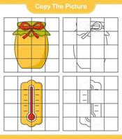 Kopieren Sie das Bild, kopieren Sie das Bild von Thermometer und Marmelade mit Gitterlinien. pädagogisches kinderspiel, druckbares arbeitsblatt, vektorillustration vektor