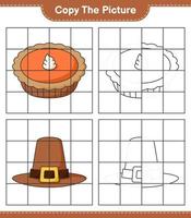 kopiera bilden, kopiera bilden av hatt och paj med hjälp av rutnätslinjer. pedagogiskt barnspel, utskrivbart kalkylblad, vektorillustration