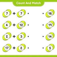 Zähle und kombiniere, zähle die Anzahl der Tennisbälle und vergleiche sie mit den richtigen Zahlen. pädagogisches kinderspiel, druckbares arbeitsblatt, vektorillustration vektor