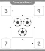 zähle und kombiniere, zähle die Anzahl der Fußballbälle und kombiniere mit den richtigen Zahlen. pädagogisches kinderspiel, druckbares arbeitsblatt, vektorillustration vektor