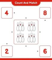 Zähle und kombiniere, zähle die Anzahl der Bowlingkegel und vergleiche sie mit den richtigen Zahlen. pädagogisches kinderspiel, druckbares arbeitsblatt, vektorillustration vektor