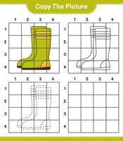 kopiere das bild, kopiere das bild von gummistiefeln mit rasterlinien. pädagogisches kinderspiel, druckbares arbeitsblatt, vektorillustration vektor