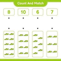 count and match, zählen Sie die Anzahl der Turnschuhe und passen Sie sie mit den richtigen Zahlen an. pädagogisches kinderspiel, druckbares arbeitsblatt, vektorillustration vektor