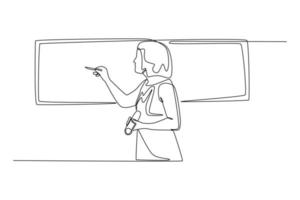 kontinuerlig en rad ritning kvinna coach visar projektledning studier på whiteboard. kommunikation och projektledning koncept. enda rad rita design vektorgrafisk illustration. vektor