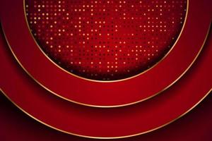abstrakt röd cirkel överlappar med glitter prickar och gyllene linje kombination design modern lyx futuristisk teknik bakgrund vektorillustration. vektor