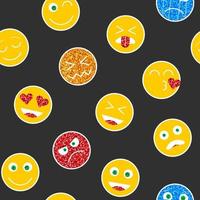 färgglada emoji sömlösa mönster på svart bakgrund. uttryckssymboler klistermärke med glitter effekt isolerad på svart bakgrund. lyx emoji bakgrund med ikoner i platt stil. vektor illustration