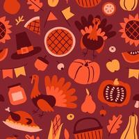 Happy Thanksgiving Day nahtloses Muster mit Urlaubsobjekten im skandinavischen Stil. hand gezeichneter flacher hintergrund mit karikaturkürbis, türkei, kuchen und obst. Vektor-Illustration vektor