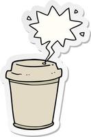 cartoon-kaffeetasse zum mitnehmen und sprechblasenaufkleber vektor