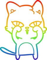 Regenbogen-Gradientenlinie, die Cartoon-Katze zeichnet, die die Augen reibt vektor