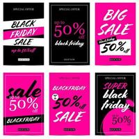 rea banner mall design set med 6 rea affischer för svart fredag shopping säsong. vektorillustrationer i svarta, rosa och vita färger lämpliga för semesterrabatter och stora reaevenemang. vektor