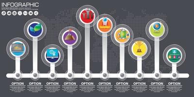 Timeline 10 Optionen oder Schritte Vektor Infografik. Weltkartenhintergrund