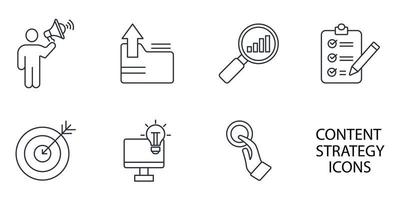 Symbole für die Inhaltsstrategie festgelegt. Content Strategy Pack Symbolvektorelemente für Infografik-Web vektor