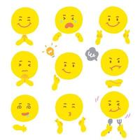 niedlicher gelber runder kreis emoji unterschiedlicher ausdruck emotion emotionaler emoticon hände gekritzel charakter gefühle gesichter sammlung set symbol bündel vektorillustration vektor