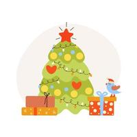 festliche weihnachtsbaum flache vektorillustration. viele Geschenke für die Winterferien. traditionelle weihnachtshausdekoration. Geschenke unter Tanne. neujahr, winterferienfeier. vektor