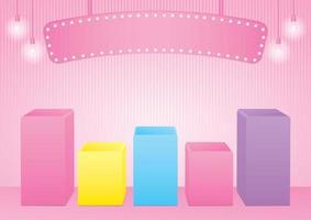 niedliche girly bunte pastellfarbene produktstandanzeige mit hängendem glühbirnenzeichen auf rosa boden und wand 3d-illustrationsvektor vektor