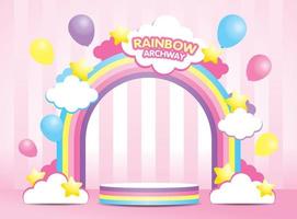 kawaii pastellfarbener regenbogentorbogen und regenbogengestreifter podium 3d-illustrationsvektor mit niedlichen wolken und sternen und luftballons element auf girly rosa hintergrund vektor