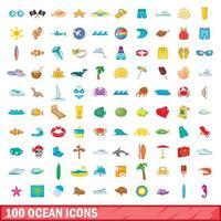 100 ocean ikoner set, tecknad stil vektor