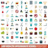 100 Krankenversicherungssymbole gesetzt, flacher Stil vektor
