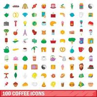 100 kaffe ikoner set, tecknad stil vektor