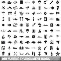 100 Symbole für die Meeresumwelt gesetzt, einfacher Stil vektor