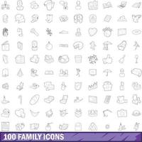 100 familjeikoner set, konturstil vektor