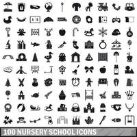 100 Kindergarten-Icons gesetzt, einfacher Stil vektor