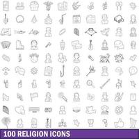 100 Religionssymbole gesetzt, Umrissstil vektor