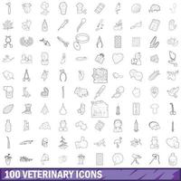 100 Veterinärsymbole gesetzt, Umrissstil vektor