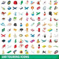 100 Touring-Icons gesetzt, isometrischer 3D-Stil vektor