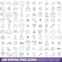 100 vårtid ikoner set, dispositionsstil vektor