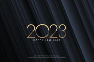 2023 frohes neues Jahr elegantes Design - Vektorgrafik von goldenen 2023 Logonummern auf dunkelgrauem Hintergrund - perfekte Typografie für 2023 Save the Date Luxusdesigns und Neujahrsfeier. vektor