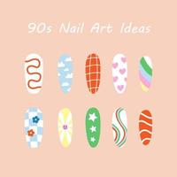 Nailart-Ideen der 90er Jahre Maniküre. helles buntes Maniküre-Set vektor