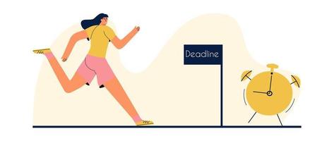 deadline koncept. flickan springer till klockan. vektor illustration