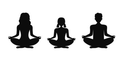 svart siluett av mor, dotter och far i en pose för meditation. meditation och yoga i lotusställning. vektor illustration isolerad på vit bakgrund