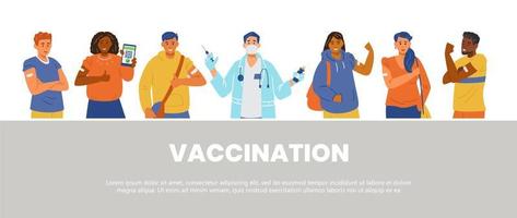 menschen impfung gegen horizontales banner des flachen vektors des coronavirus. gemischtrassige männer und frauen geimpft, die hände mit pflastern zeigen. Arzt mit Impfstoff und Spritze. vektor