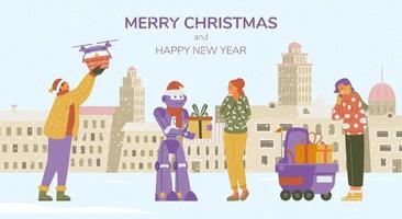 Banner der frohen Weihnachten mit Menschen, die Geschenke von Robotern und Drohnen erhalten, mit Winterstadt im Hintergrund, flache Vektorillustration. vektor