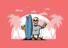 kleiner schädel, der ein surfbrettillustrationsdesign hält vektor