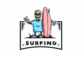 kleiner schädel, der ein surfbrettillustrationsdesign hält vektor