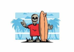 kleiner schädel, der ein surfbrettillustrationsdesign hält vektor