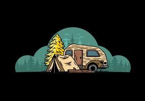 Teardrop Camper und Zelt vor Pine Tree Illustration vektor